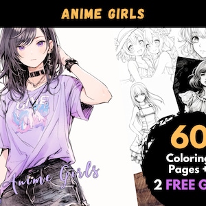 60 Anime Girls Coloring Pages, Adults Kids Digital Coloring Sheets - Printable PDF Book, manga girl and woman page to color | Books