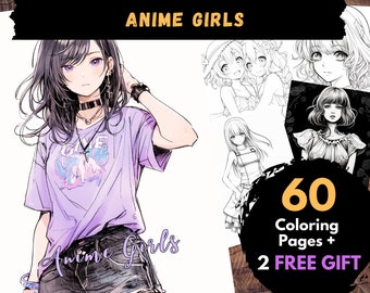 60 páginas para colorear de chicas anime, hojas para colorear digitales para adultos y niños - Libro PDF imprimible, página de chica y mujer manga para colorear / Libros