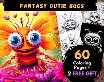 60 Fantasy Cutie Bugs Coloring Pages, Adults Kids Digital Coloring Sheets - Printable PDF Book, fantasy animal pages to color, insects pages