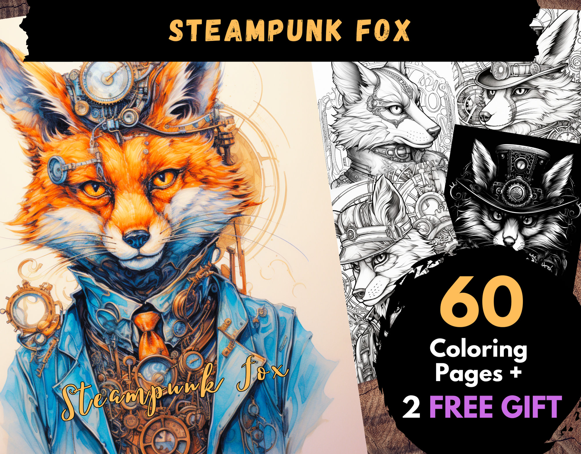 60 Steampunk Fox Coloring Page, Adults Kids Digital Coloring Sheets ...