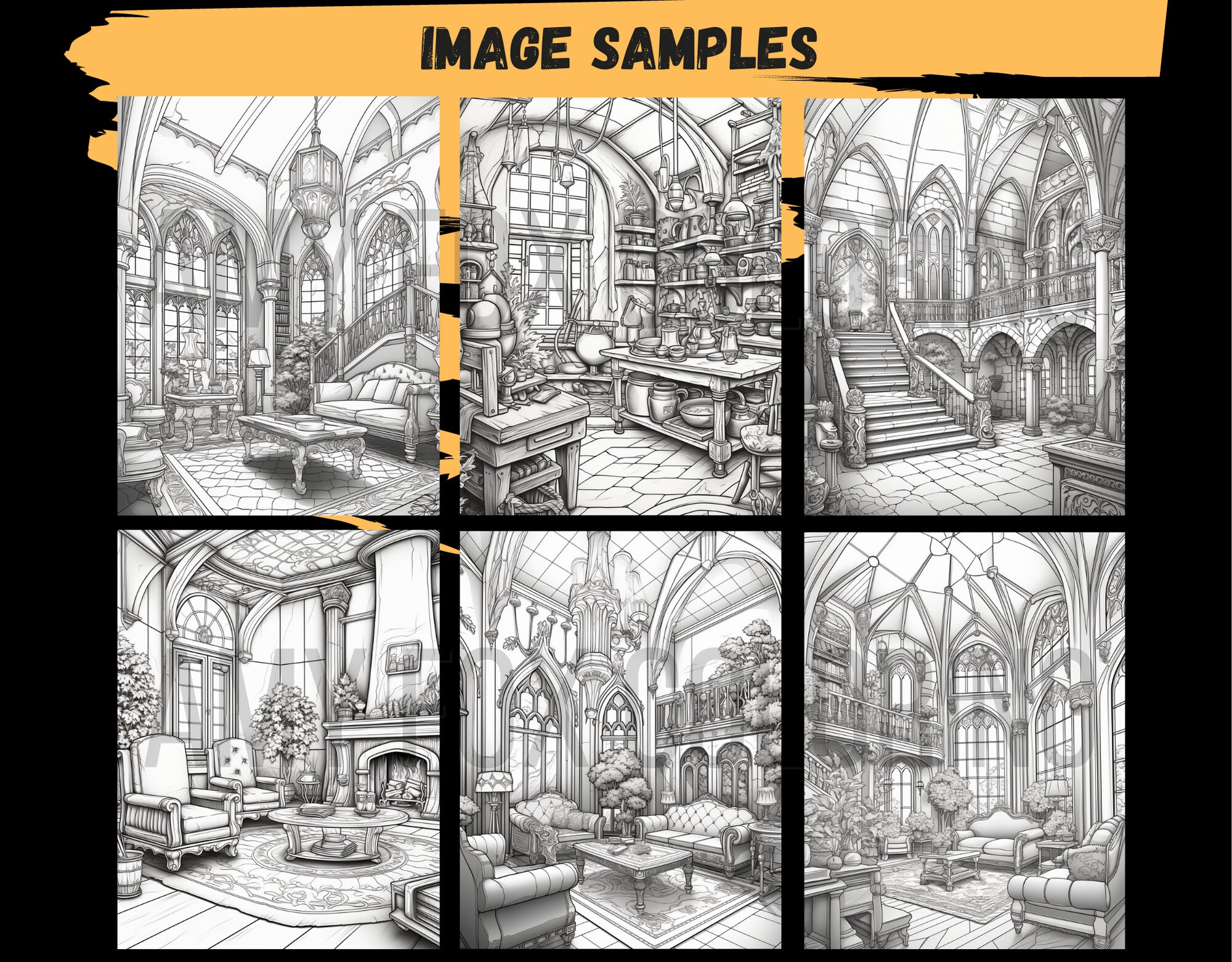 60 Fantasy Interior Coloring Pages, Adults Kids Digital Coloring Sheets ...