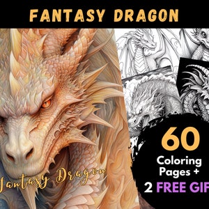 60 Fantasy Dragon Coloring Page, Adults Kids Digital Coloring Sheets - Printable PDF Book, mythical evil snake picture to colour | Books