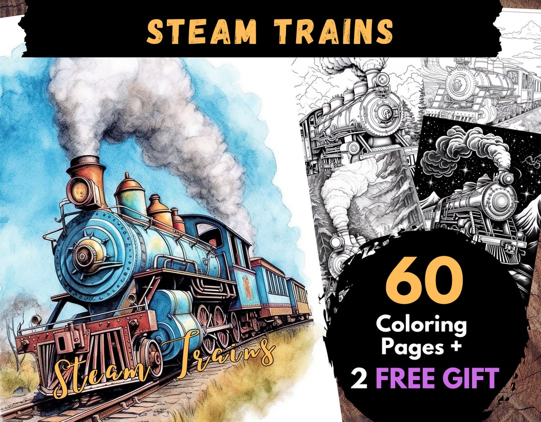 60 Steam Trains Coloring Pages, Adults Kids Digital Coloring Sheets ...
