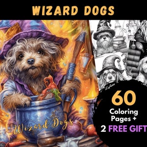 May include: A whimsical illustration of a wizard dog wearing a purple hat and robe, stirring a cauldron. The image is surrounded by magical elements, including flames, potions, and books. The text "Wizard Dogs" is featured in the image.  The image is part of a colouring book with 60 pages and 2 free gifts.