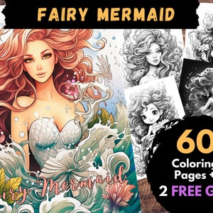 60 Fairy Mermaid Coloring Pages, Adults Kids Digital Coloring Sheets -Printable PDF Book,mermaids fairies, fishes and flowers | Page Books