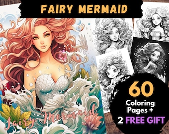 60 páginas para colorear de hadas sirenas, hojas para colorear digitales para adultos y niños -Libro PDF imprimible, hadas sirenas, peces y flores / Libros de páginas