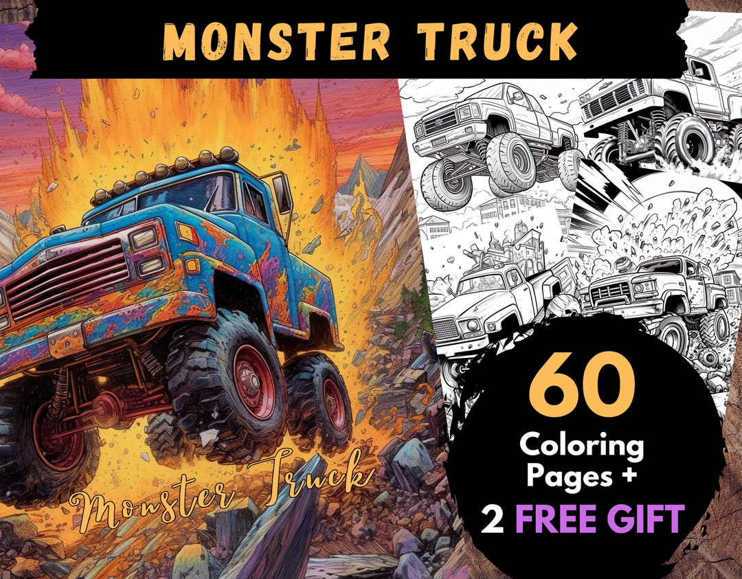 60 Monster Truck Coloring Pages, Adults Kids Digital Coloring Sheets ...
