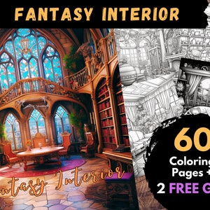 60 Fantasy Interior Coloring Pages, Adults Kids Digital Coloring Sheets - Printable PDF Book, magical furniture pages to color | Books