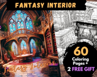 60 Fantasy Interior Coloring Pages, Adults Kids Digital Coloring Sheets - Printable PDF Book, magical furniture pages to color | Books