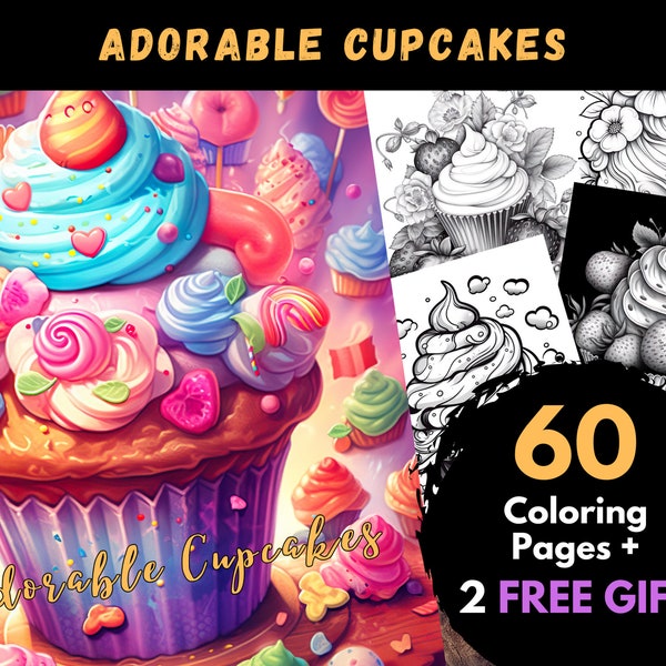 60 Adorable Cupcackes Coloring Pages, Adults Kids Digital Coloring Sheets - Printable PDF Book, delicious food picture to colour in | Books