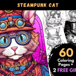 May include: A steampunk cat with goggles and gears, wearing a red and gold helmet. The cat is surrounded by a pink background with the text "Steampunk Cat" and "60 Coloring Pages + 2 FREE GIFT".