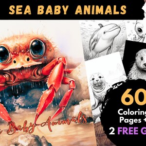 60 Sea Baby Animals Coloring Pages, Adults Kids Digital Coloring Sheets -Printable PDF Book, shark, whale, seahorse, dolphin, turtle | Books