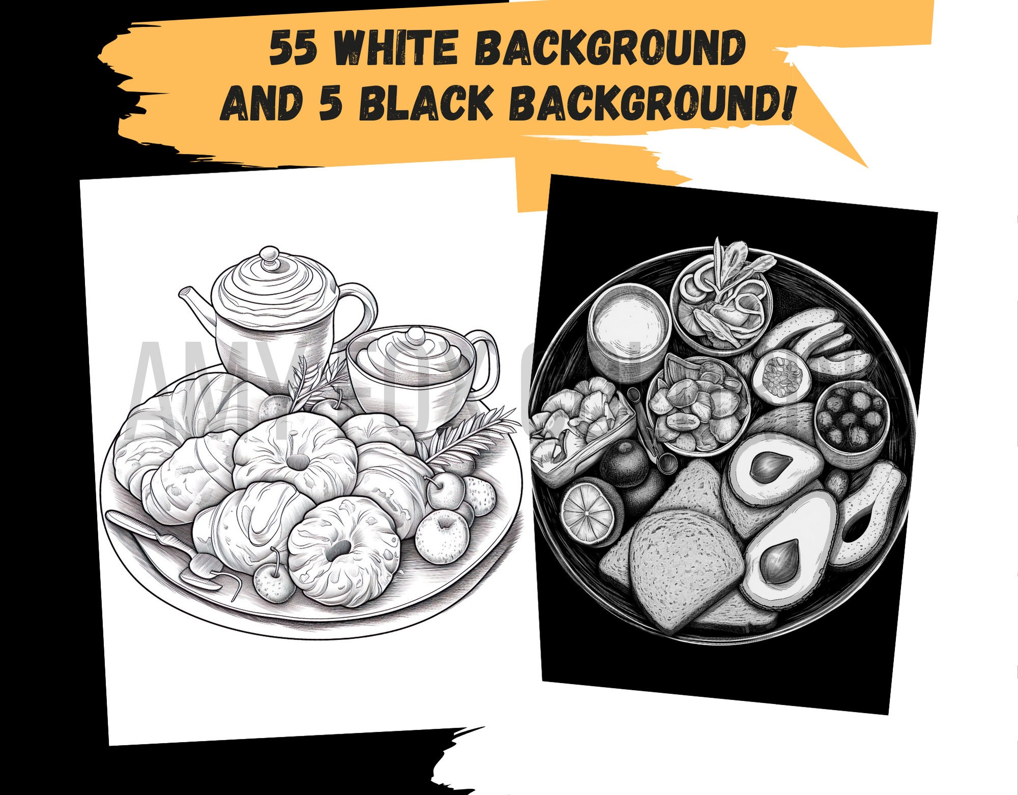 60 Tasty Breakfasts Coloring Pages, Adults Kids Digital Coloring Sheets ...