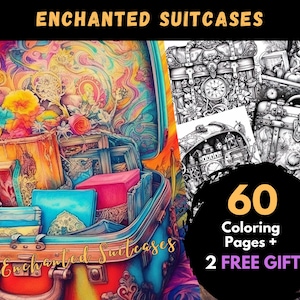 60 Enchanted Suitcases Coloring Pages, Adults Kids Digital Coloring Sheets - Printable PDF Book, magic pages to color, adult coloring pages