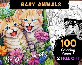 100 Cute Baby Animals Coloring Pages, Adults Kids Digital Coloring Sheets - Printable PDF Book, jungle forest wild page to color | Books
