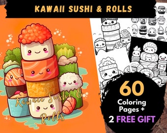 60 Kawaii Sushi & Rolls Coloring Pages, Adults Kids Digital Coloring Sheets - Printable PDF Book, Japanese food picture to colour | Books