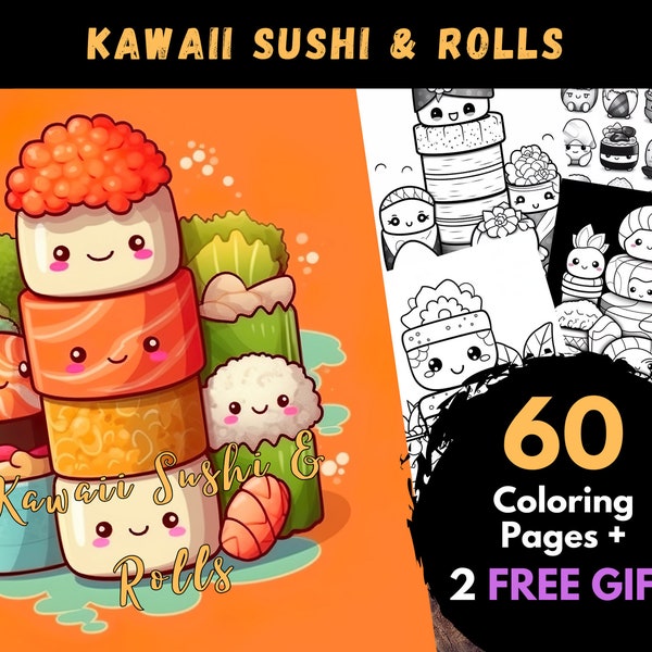 60 páginas para colorear Kawaii Sushi & Rolls, hojas para colorear digitales para adultos y niños - Libro PDF imprimible, imagen de comida japonesa para colorear / Libros