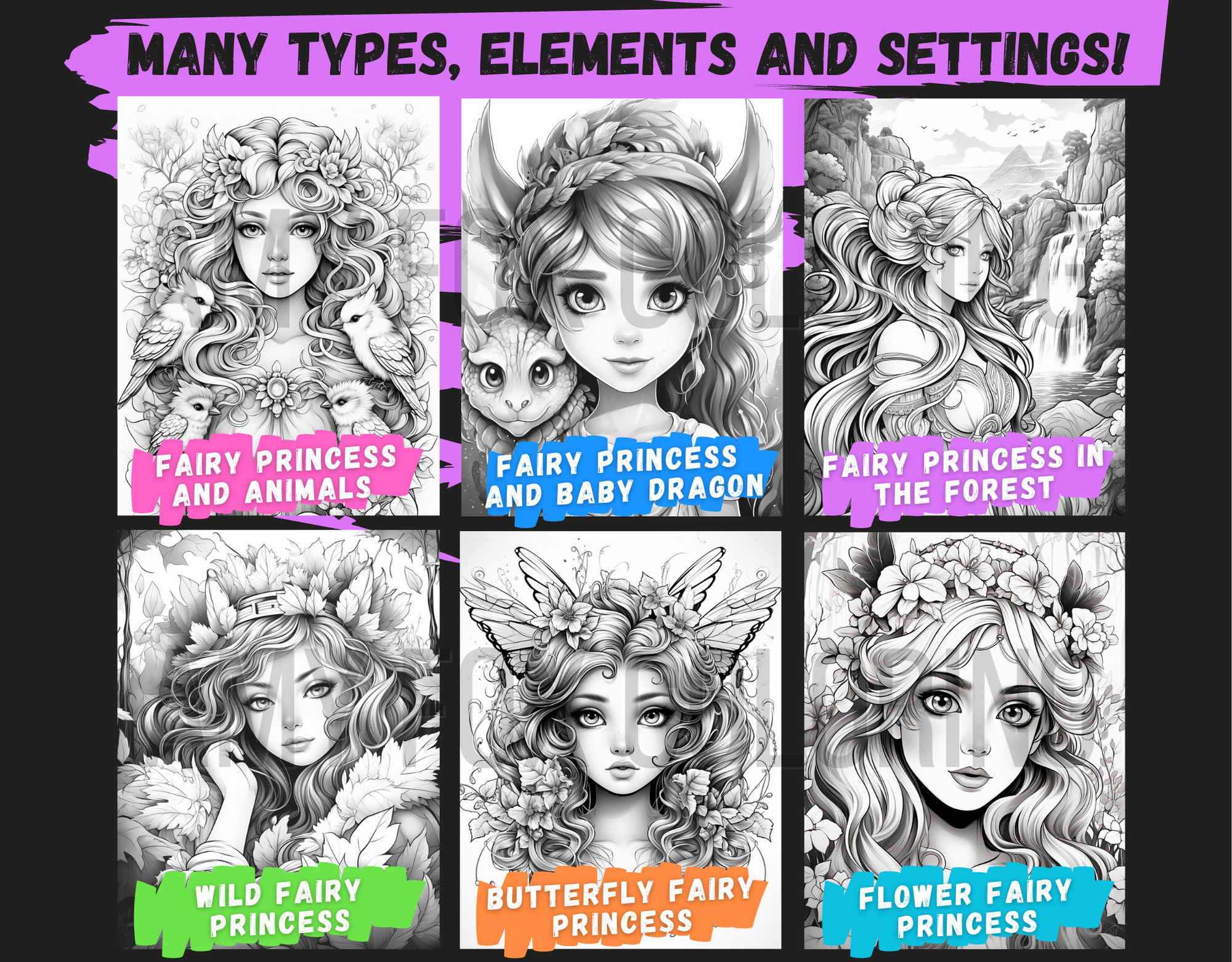 60 Beautiful Fairy Princess Coloring Pages, Adults Kids Digital ...