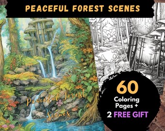 60 scene di foresta pacifica da colorare, fogli da colorare digitali per adulti e bambini - Libro PDF stampabile, pagine da colorare, pagine da colorare per adulti