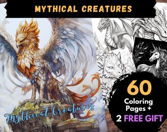 60 Mythical Creatures Coloring Page, Adults Kids Digital Coloring Sheets - Printable PDF Book, fantasy animals coloring pages | Books