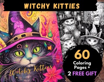 60 Witchy Kitties Coloring Pages, Adults Kids Digital Coloring Sheets - Printable PDF Book, magic pages to color, witchy animal coloring