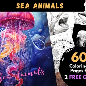 60 Sea Animals Coloring Pages, Adults Kids Digital Coloring Sheets - Printable PDF Book, shark, whale, seahorse, dolphin, turtle | Books
