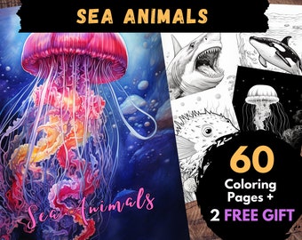 60 Sea Animals Coloring Pages, Adults Kids Digital Coloring Sheets - Printable PDF Book, shark, whale, seahorse, dolphin, turtle | Books