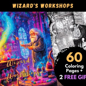 May include: A colorful illustration of a wizard's workshop with a wizard in a blue robe holding a glass flask. The image is surrounded by a black circle with the text "60 Coloring Pages + 2 FREE GIFT".