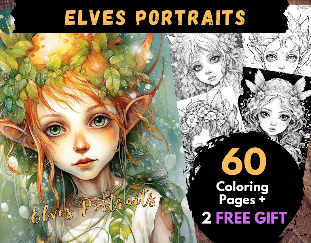 60 Elves Portraits Coloring Pages, Adults Kids Digital Coloring Sheets - Printable PDF Book ...