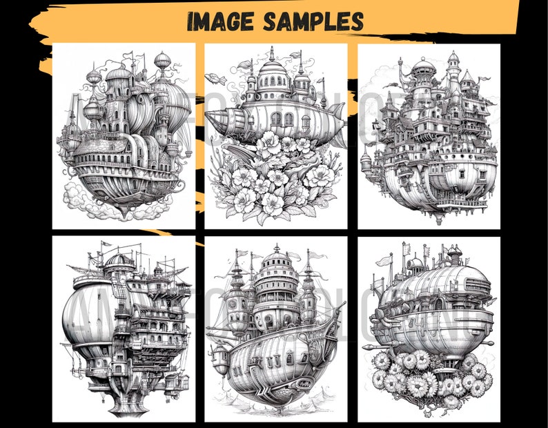 60 Fantasy Airships Coloring Pages, Adults Kids Digital Coloring Sheets