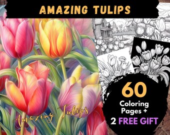 60 increíbles páginas para colorear de tulipanes, hojas para colorear digitales para adultos y niños - Libro PDF imprimible, imagen de la naturaleza para colorear, página de flores / Libros