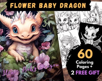 60 Cute Flower Baby Dragons Coloring Pages, Adults Kids Digital Coloring Sheets - Printable PDF Book, blooming dragon page to color | Books