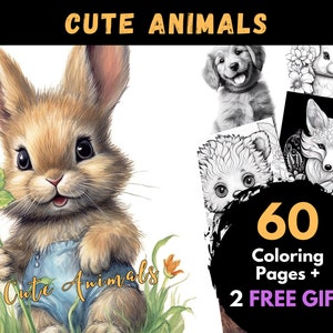 60 Cute Animals Coloring Pages, Adults Kids Digital Coloring Sheets - Printable PDF Book, baby animal picture to colour, nice page | Books