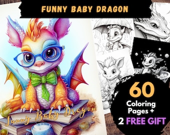 60 Funny Baby Dragon Coloring Pages, Adults Kids Digital Coloring Sheets - Printable PDF Book, cute and sweet dragons page to color | Books