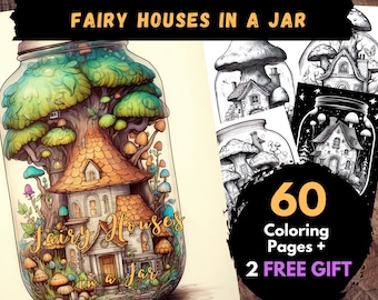60 Fairy Houses in a Jar Coloring Pages, Adults Kids Digital Coloring Sheets - Printable PDF Book, picture to colour, fairy page | Books