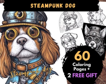60 Steampunk Dog Coloring Page, Adults Kids Digital Coloring Sheets - Printable PDF Book, animal steam punk style coloring pages | Books