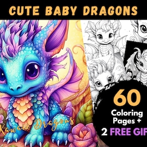 60 Cute Baby Dragons Coloring Pages, Adults Kids Digital Coloring Sheets - Printable PDF Book, dragon picture to colour,fantasy page | Books