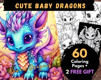60 Cute Baby Dragons Coloring Pages, Adults Kids Digital Coloring Sheets - Printable PDF Book, dragon picture to colour,fantasy page | Books
