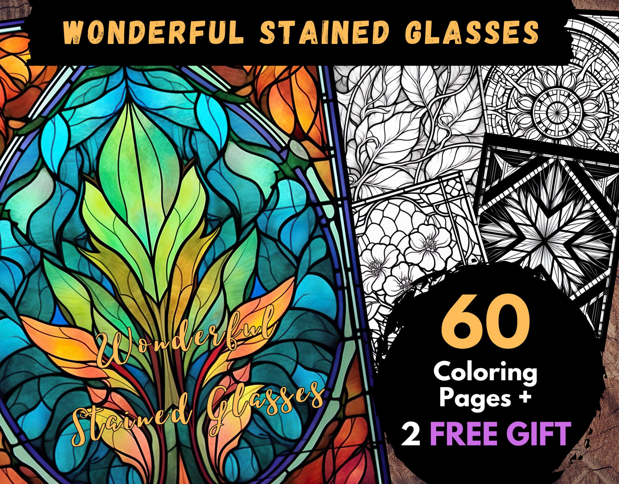 60 Wonderful Stained Glasses Coloring Pages, Adults Kids Digital Coloring Sheets - Printable PDF Book, nice window picture to colour | Books