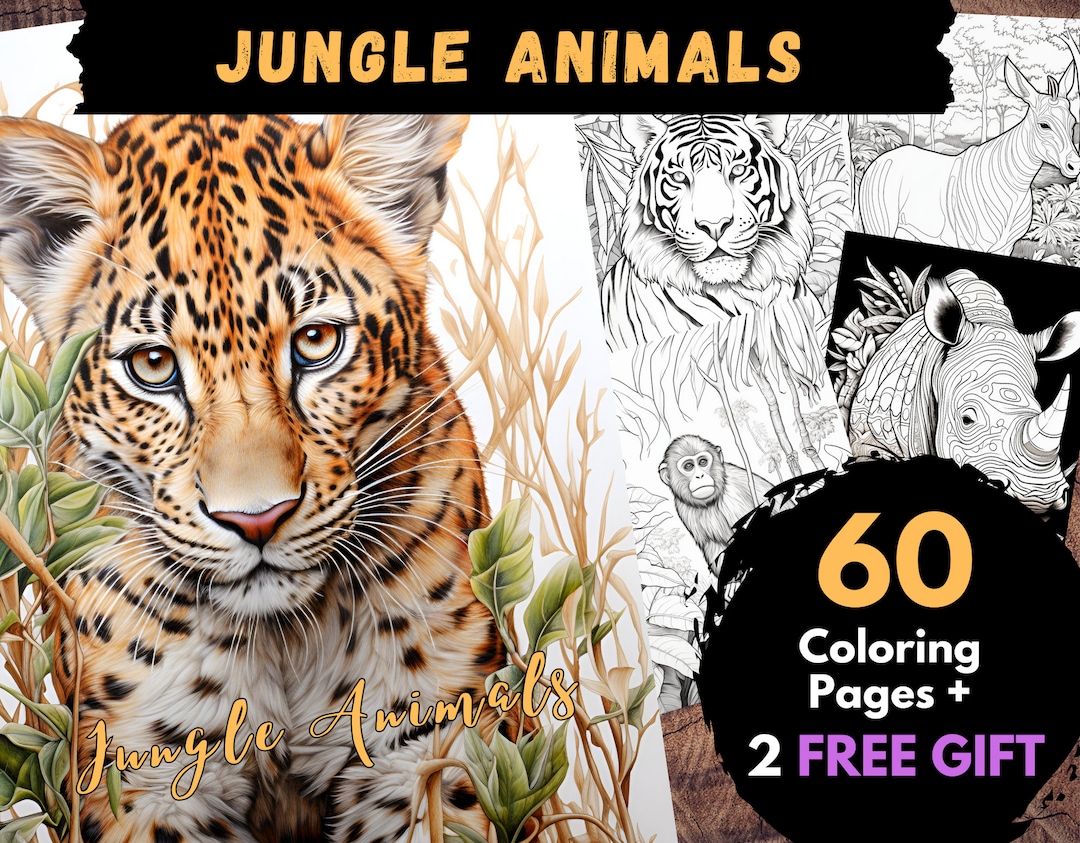 60 Jungle Animals Coloring Pages, Adults Kids Digital Coloring Sheets ...