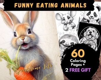 60 Funny Eating Animals Coloring Pages, Adults Kids Digital Coloring Sheets - Printable PDF Book, animals pages, adult funny coloring pages