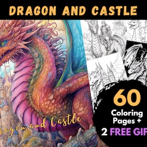 60 Dragon and Castle Coloring Pages, Adults Kids Digital Coloring Sheets - Printable PDF Book, dragon picture to colour,fantasy page | Books