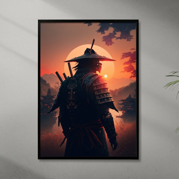 WARRIOR WALL PRINT | Japanese Warrior Sunset Print Art | Midjourney Art Print | Digital Ai Artwork | Printable Wall Print | Home Decor Gift