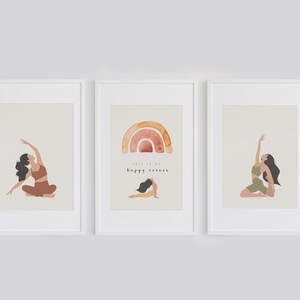 3 x Póster digital Hermosas posturas de yoga Arte de pared, My happy Corner Yoga Art Wall, Cita de ejercicio, Impresión de cita de yoga
