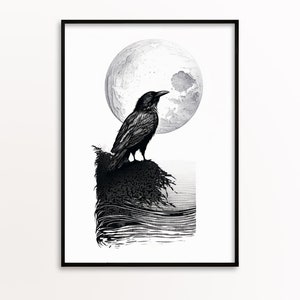 Printable Raven Moon Art Print, Black and White Raven Illustration, Gothic Home Decor Print, Norse Viking Odin Crow Poster Digital Download