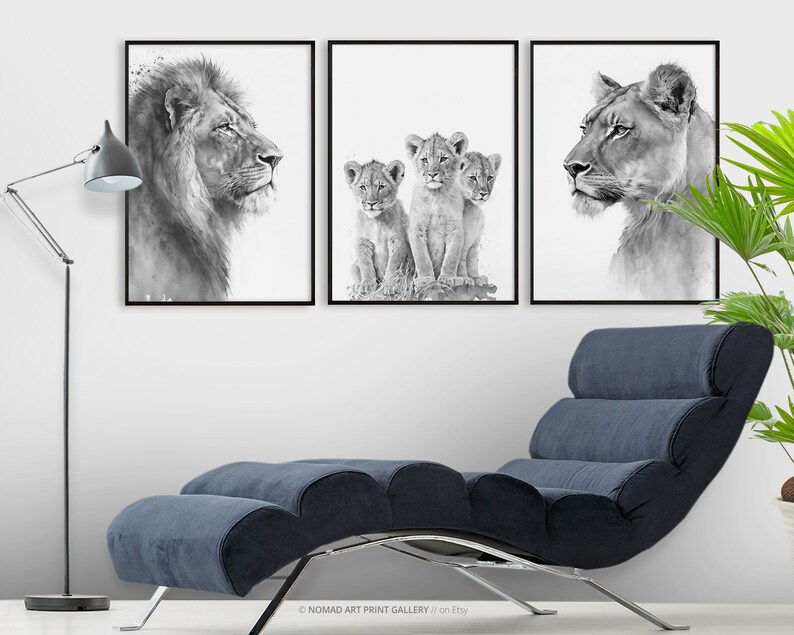 Set of 3 Black and White Lion Art Prints, African Lions for Safari