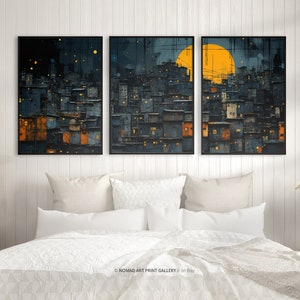 Set of 3 Abstract Cityscape Skyline Art Prints, Urban City Night Scene Wall Decor, Urban Wall Art, Nighttime City Lights Museum Prints