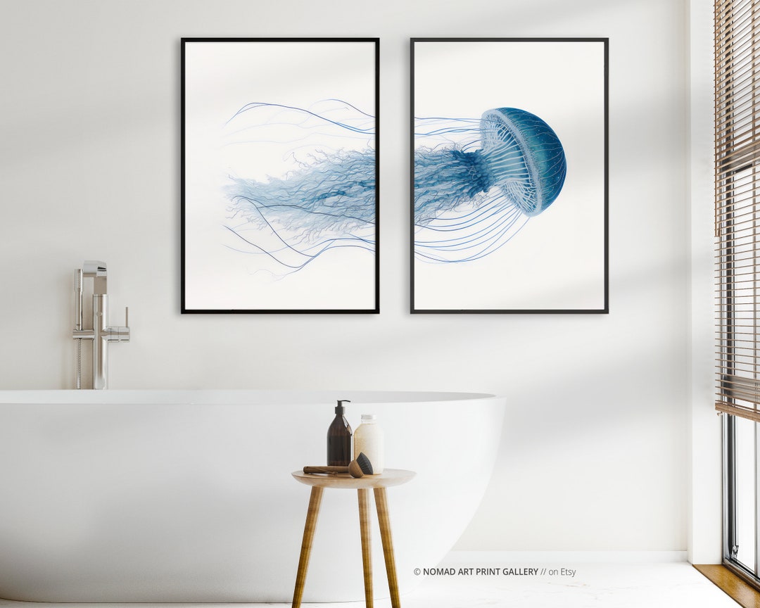 Jellyfish Wall Art, Blue Jellyfish Art, Ocean Art, Nautical Print, 2 ...