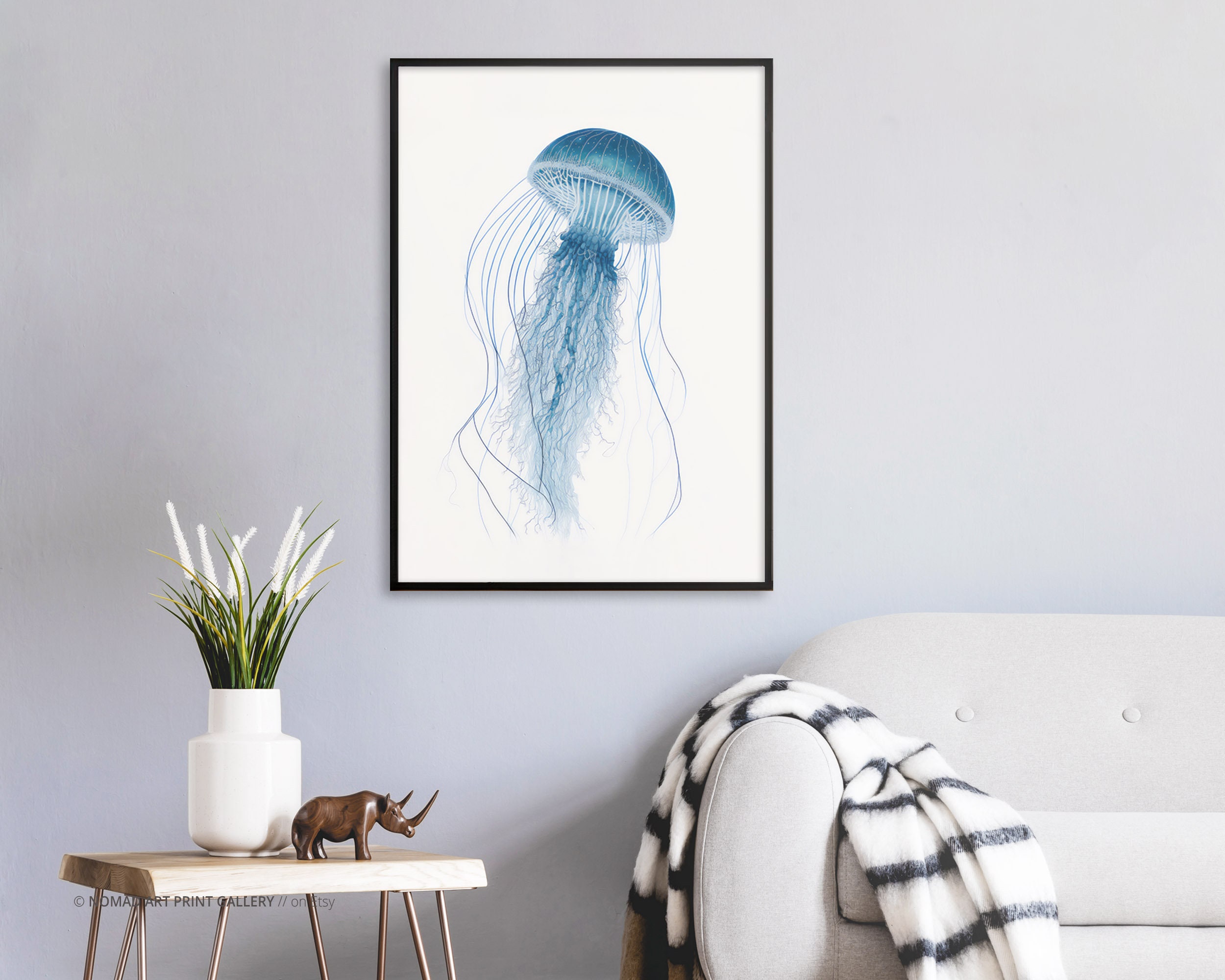 Jellyfish Wall Art, Blue Jellyfish Art, Ocean Art, Nautical Print ...