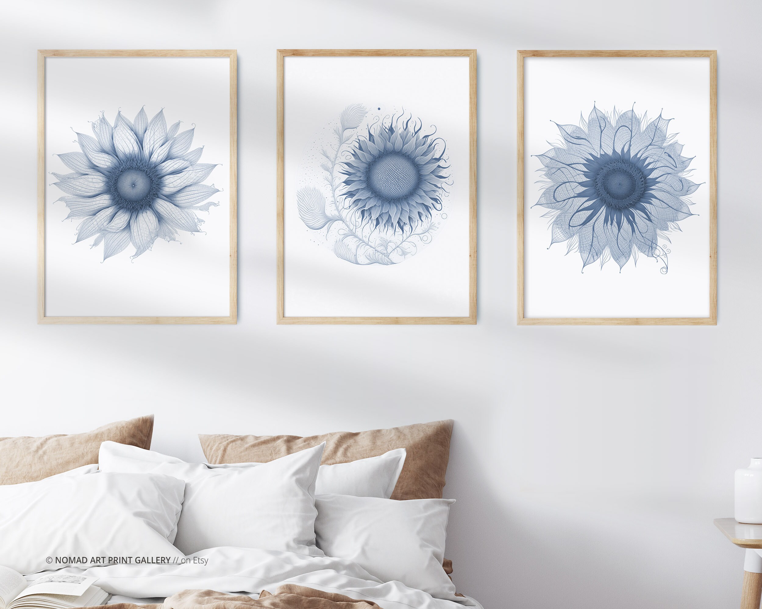 Sunflower 3 Piece Wall Art, Floral Wall Decor, Blue Print, House ...